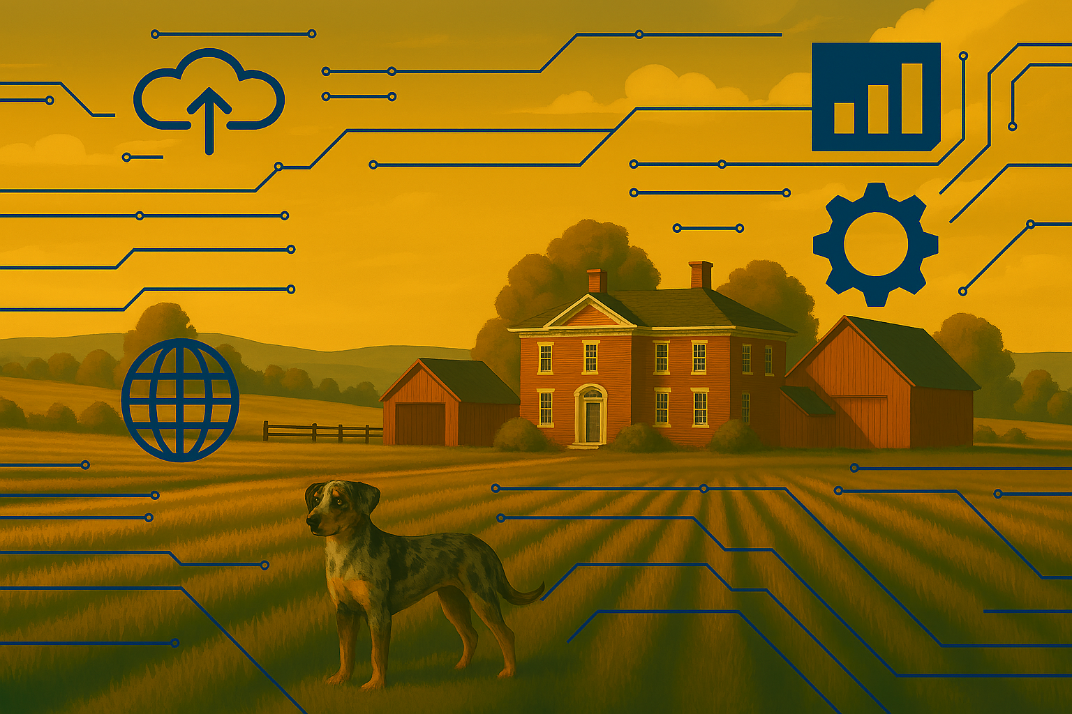Farmhouse with dog and tech overlay